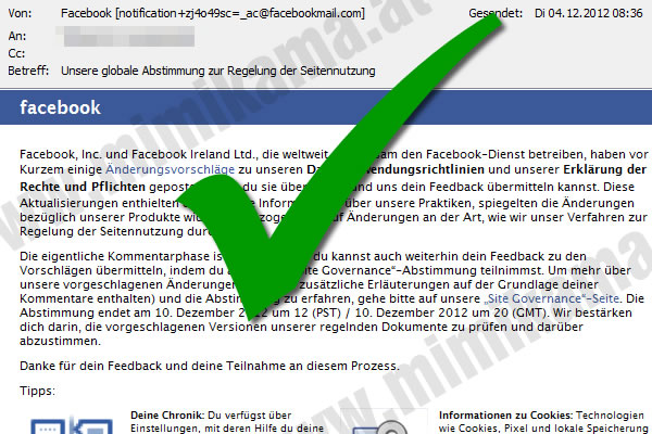 E-Mail von Facebook: „Unsere globale Abstimmung zur Regelung der Seitennutzung“