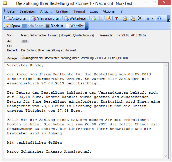 Trojaner Warnung Bei E Mails Mit Einer Rechnung Im Dateianhang