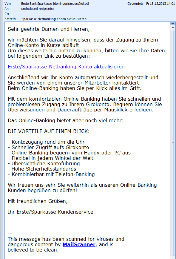 Erste Bank Sparkasse Phishingmail