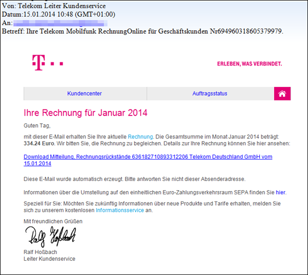 Trojaner Warnung Telekom Rechnung Fur Januar 2014