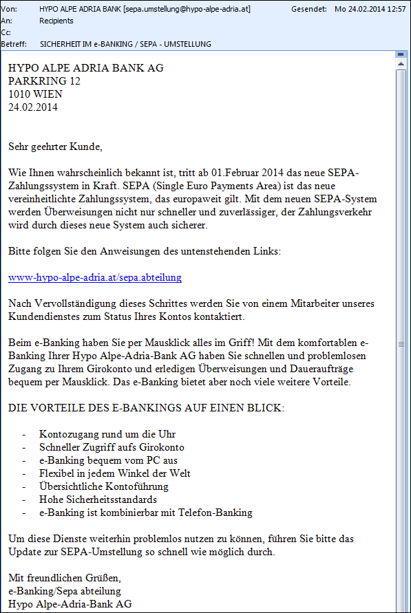 „Hypo Alpe-Adria-Bank AG“ Spam E-Mail