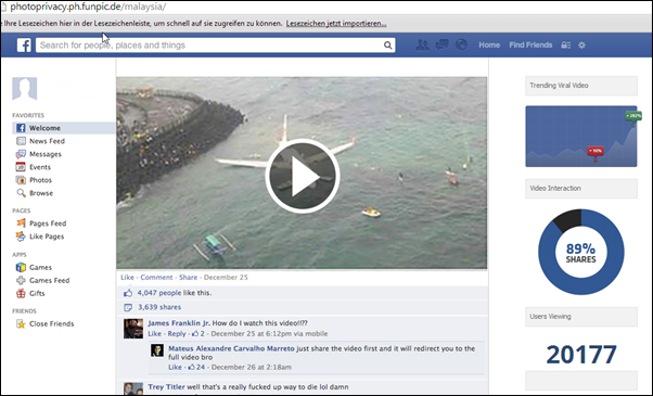 Betrüger locken Facebook-Nutzer mit einem angeblichen Video des verschwundenen Malaysia Flugzeuges in die Falle