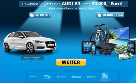 Lock-Gewinnspiele mit starken Marken – hier werden Daten abgezockt! (Audi A3 oder 30.000 Euro)