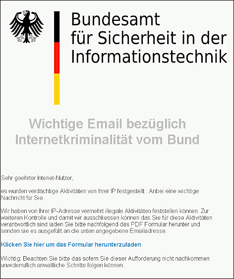 Beispiel einer Phishing-E-Mail im Namen des Bundesamts für Sicherheit in der Informationstechnik 
