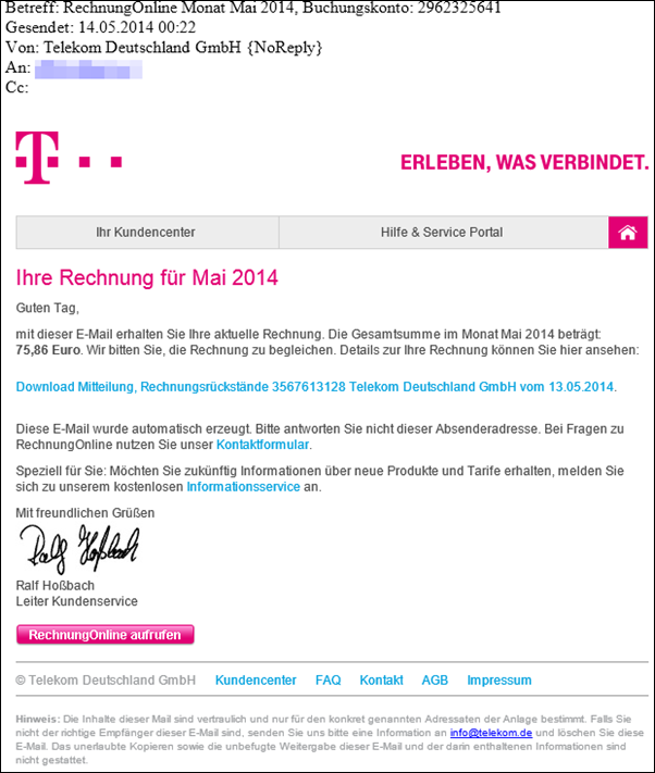 Trojaner Warnung Telekom E Mail Mit Dem Betreff Rechnungonline