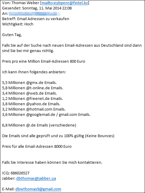 Ein paar Millionen E-Mailadressen um 8.000 EUR?
