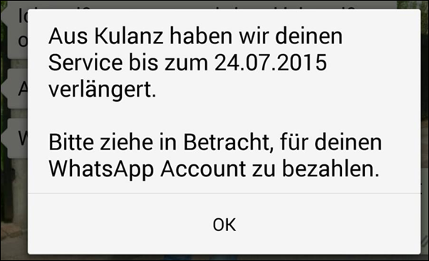 WhatsApp mit kostenloser Verlängerung aus Kulanz?