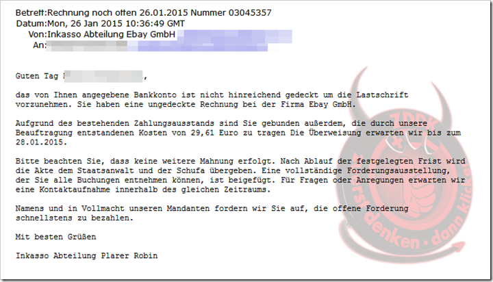 Trojaner Warnung E Mail Von Inkasso Abteilung Ebay Gmbh Rechnung