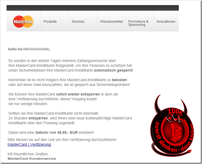 [Phishing-Warnung] Ihre MasterCard Kreditkarte ist gesperrt!