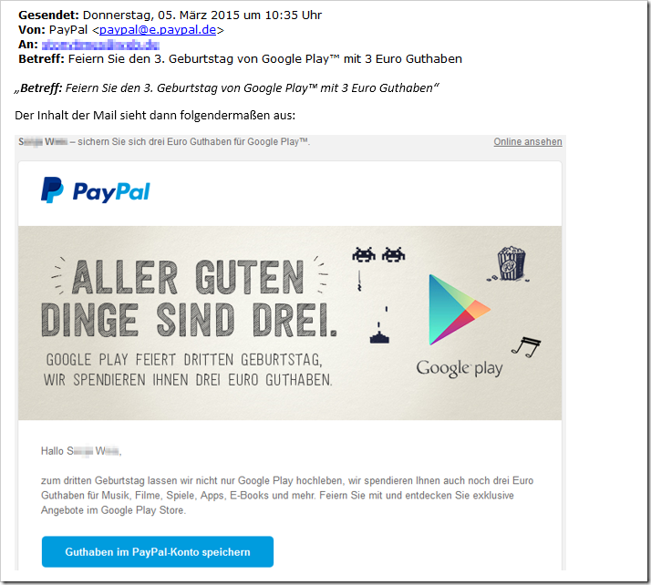 KEIN Phishing – Mail von PayPal: Feiern sie den Geburtstag von Google Play