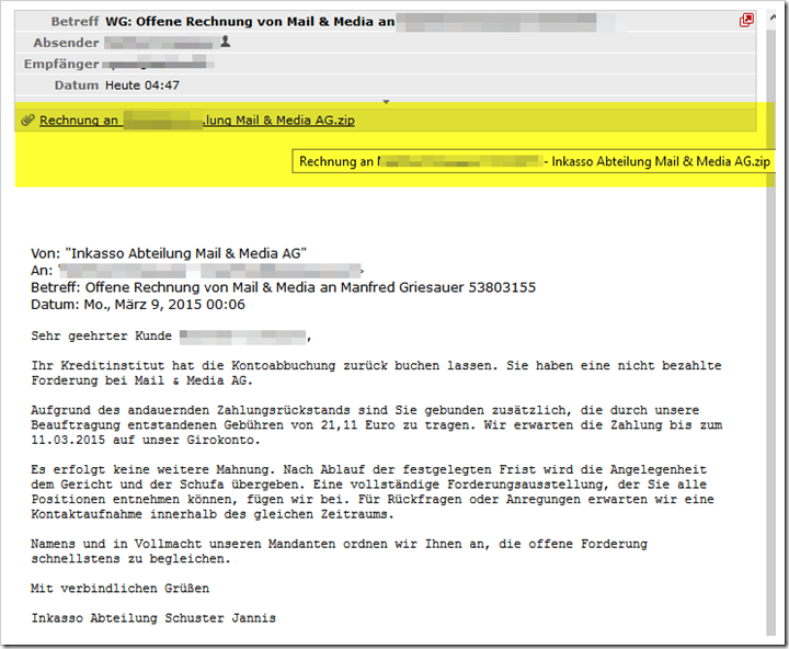 Trojaner Warnung Erneute E Mail Mit Offene Rechnung Von Mail