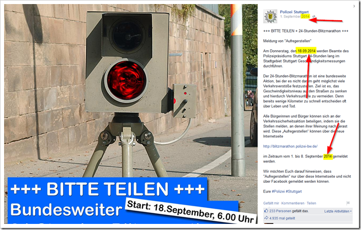Hier der Statusbeitrag der Polizei Stuttgart aus dem Jahre 2014. Screenshot: Mimikama