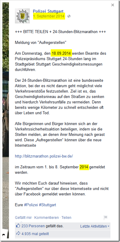 Hier der Statusbeitrag der Polizei Stuttgart aus dem Jahre 2014. Screenshot: Mimikama