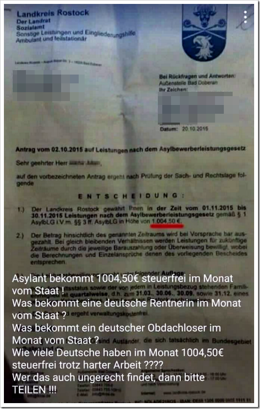 Asylant bekommt 1004,50 € steuerfrei im Monat vom Staat!