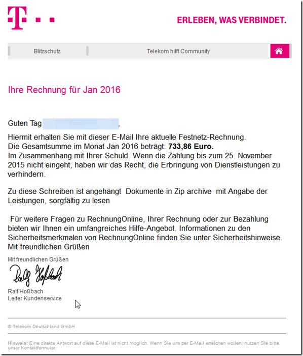 Warnung Ihre Telekom Festnetz Rechnung Jan 2016 Trägt Trojaner