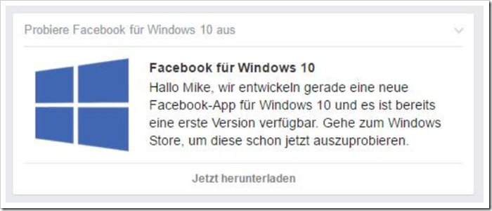Probiere Facebook für Windows 10 aus Facebook für Windows 10. Hallo [Vorname], wir entwickeln gerade eine neue Facebook-App für Windows 10 und es ist bereits die erste Version verfügbar. Gehe zum Windows Store, um diese schon jetzt auszuprobieren. 