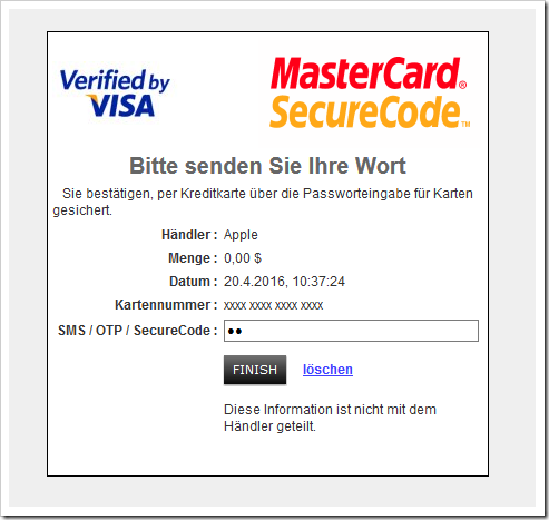 Danach wird noch der Secure Code der MasterCard abgefragt