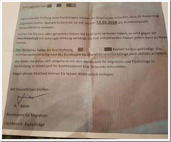 Dieses gefälschte Schreiben erhielt eine Krefelder Flüchtlingsfamilie.