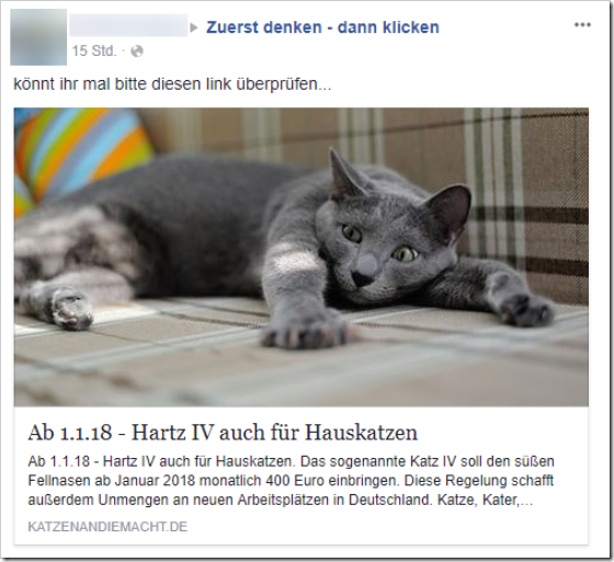 Schreenshot: Anfrage über Facebook zum Thema: "Katzen an die Macht"