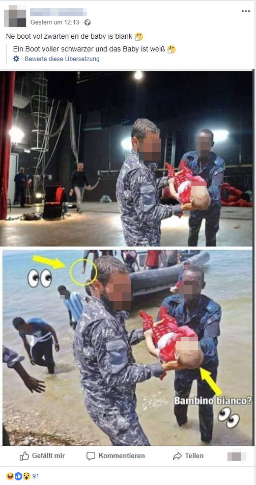 Ein Foto, das bei einem Bootsunglück vor der Küste Libyens aufgenommen wurde, soll Fake sein, da die Hautfarbe eines toten Babys “zu weiß” erscheint… / Screenshot Mimikama.at