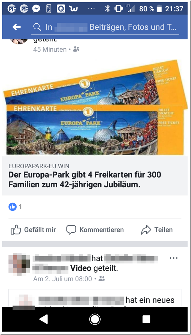 Momentan im Umlauf: Fake-Gewinnspiel, das mit Freikarten für den Europa Park lockt. / Screenshot by mimikama.at