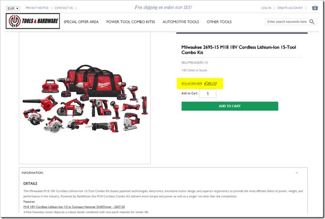 Betrügerischer Fake-Shop "Tools & Hardware" - Preisreduktion von unglaublichen 1.545,86 Euro! / Screenshot by mimikama.at