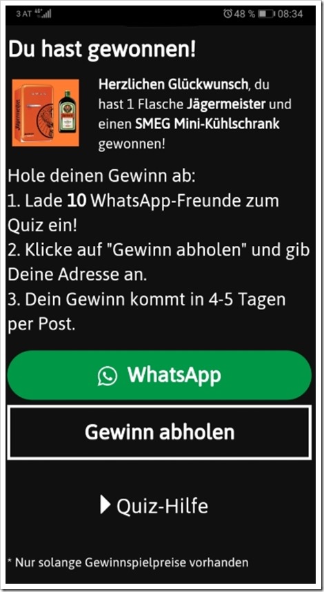So wird die virale WhatsApp-Welle generiert: "Lade 10 Freunde zum Quiz ein" / Screenshot by mimikama.at