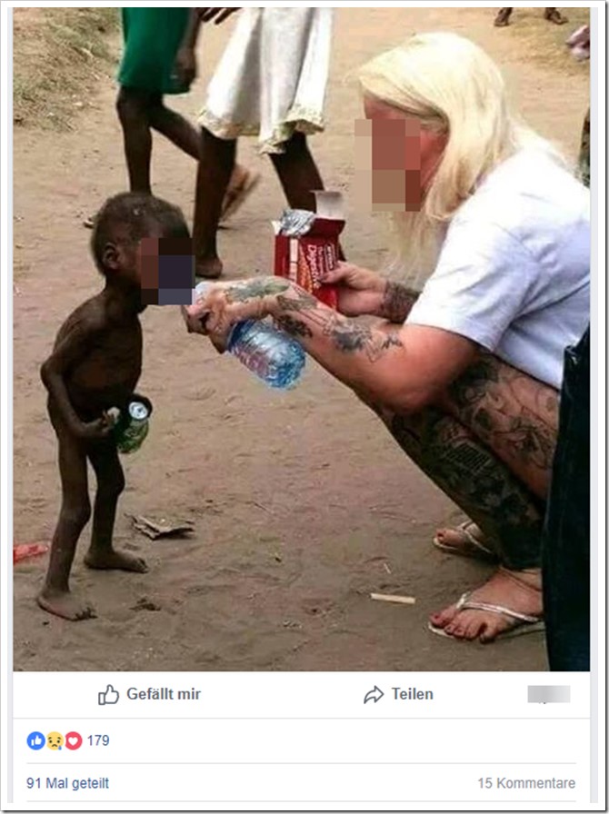 Eine Frau gibt einem kleinen Jungen Wasser zu trinken / Screenshot Mimikama.at