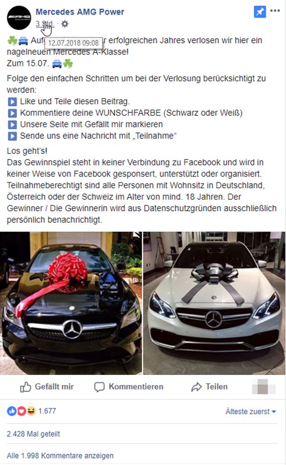 Gewinnspiel auf Facebook mit einem Mercedes als Lockvogel. / Screenshot by mimikama.at