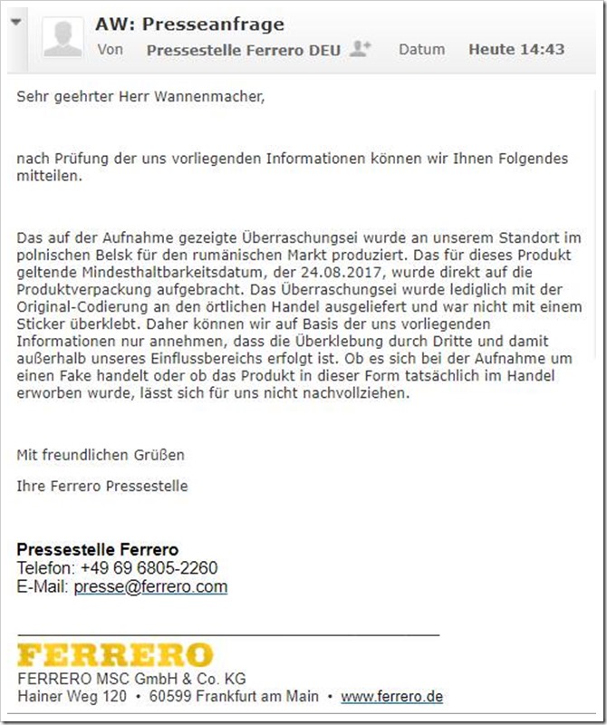 Antwort des Unternehmens Ferrero auf Nachfrage von mimikama. / Screenshot by mimikama.at
