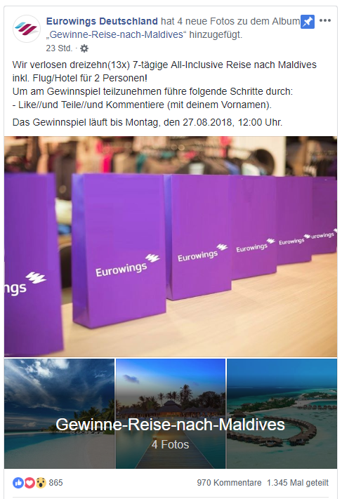 Screenshot der falschen Eurowings Seite auf Facebook (mimikama)