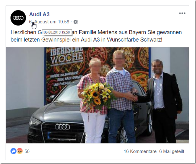 Angeblich habe eine Familie Mertens diesen Audi gewonnen. Was jedoch nicht stimmt.