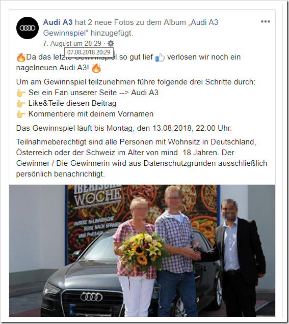 Erneut wurde ein Statusbeitrag erstellt und wieder kann man angeblich einen Audi A3 gewinnen. 