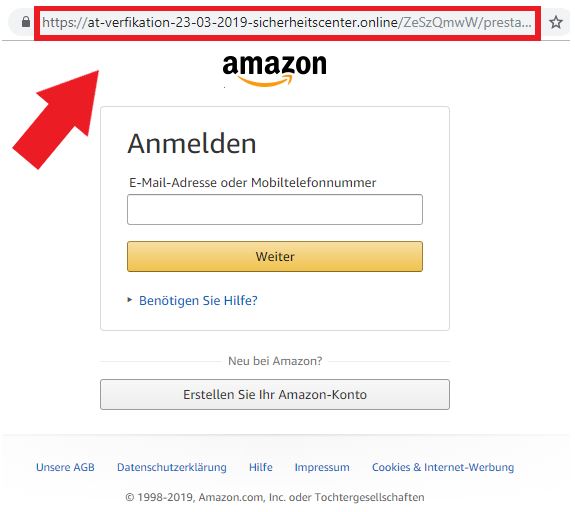 Die gefälschte Amazon-Website mit falscher URL / Quelle: Watchlist Internet