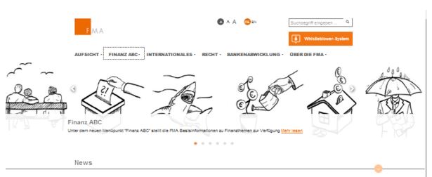 Die Startseite der Finanzmarktaufsicht Österreich mit dem Finanz ABC / Quelle: Watchlist Internet