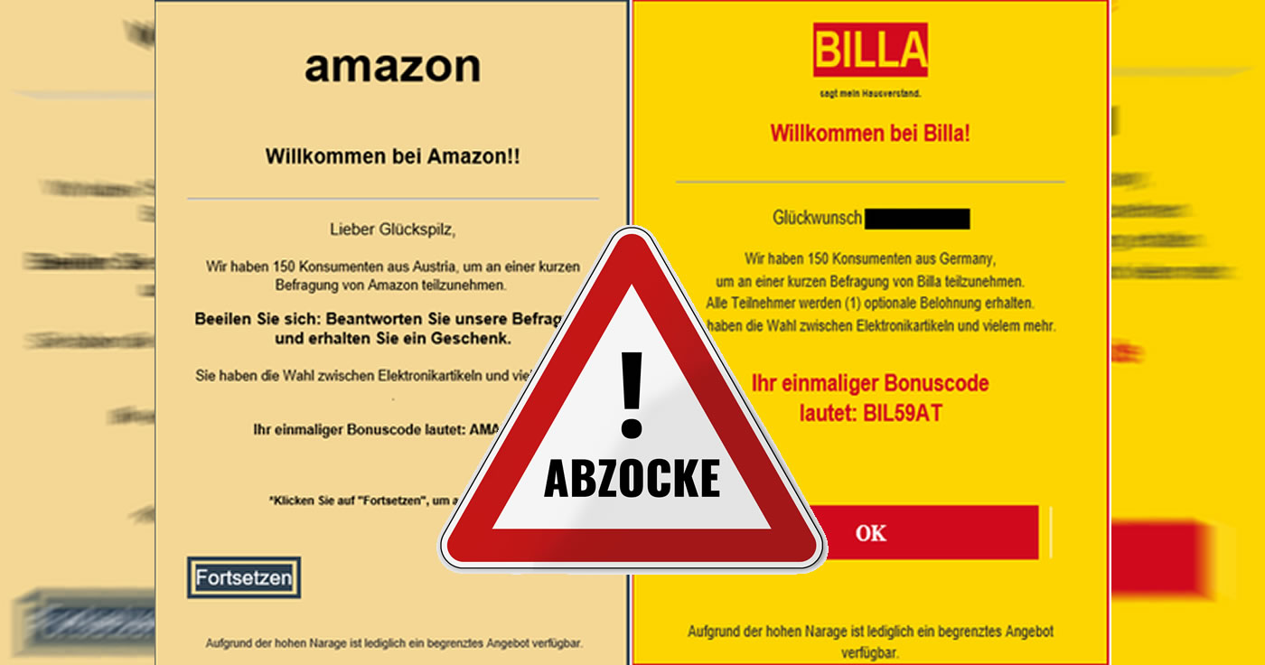 Vorsicht vor gefälschten E-Mails im Namen von Amazon und Billa, die für die Teilnahme an einer Umfrage Belohnungen versprechen.