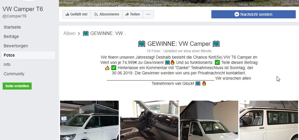 Frisch erstellt - Fake-Gewinnspiel der Seite VW Camper T6 / Screenshot by mimikama.at