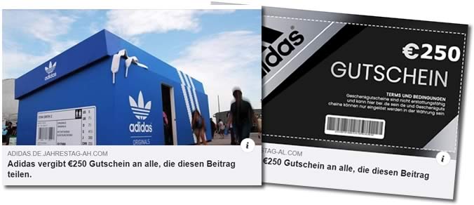 Screenshot der beiden "Adidas" Fake-Gewinnspiele auf Facebook