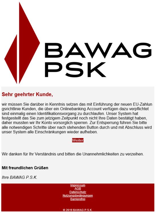 Bankkundinnen und -kunden finden aktuell gefälschte BAWAG PSK Mails in ihren E-Mails. / Quelle: Watchlist Internet