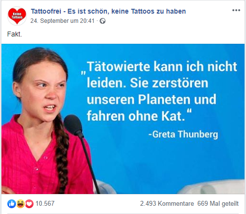 Faktencheck: "Tätowierte kann ich nicht leiden..." Greta Thunberg / Screenshot: Facebook / mimikama.at 