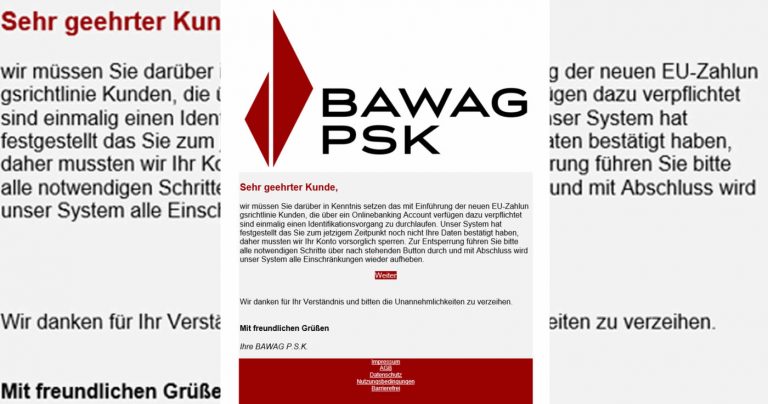 Phishing: BAWAG PSK fordert keine Datenbestätigung