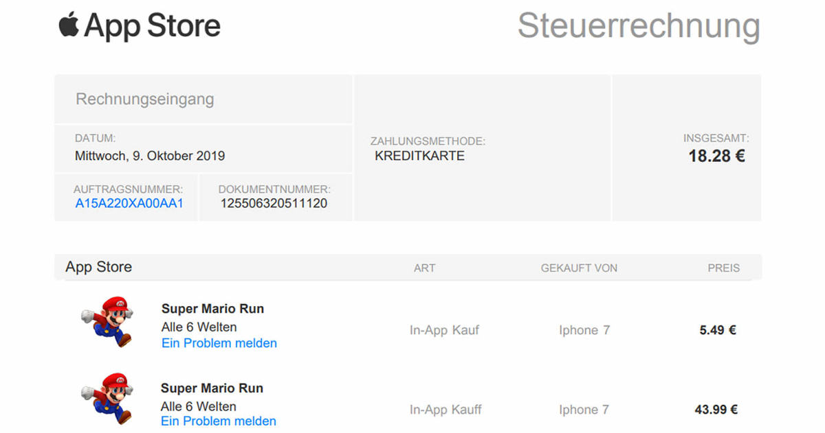 Phishing mit App Store Rechnung "Super Mario Run"