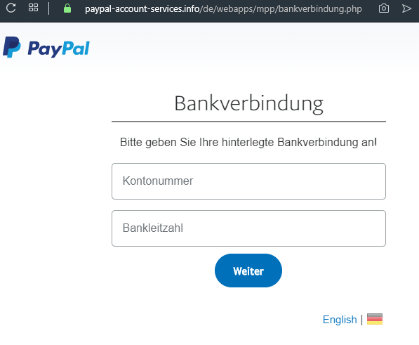 Gefälschte PayPal Eingabemaske