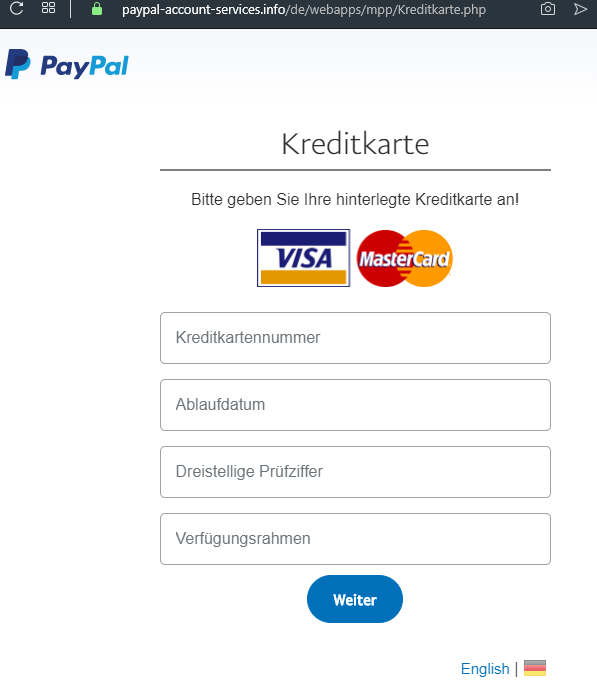 Gefälschte PayPal Eingabemaske