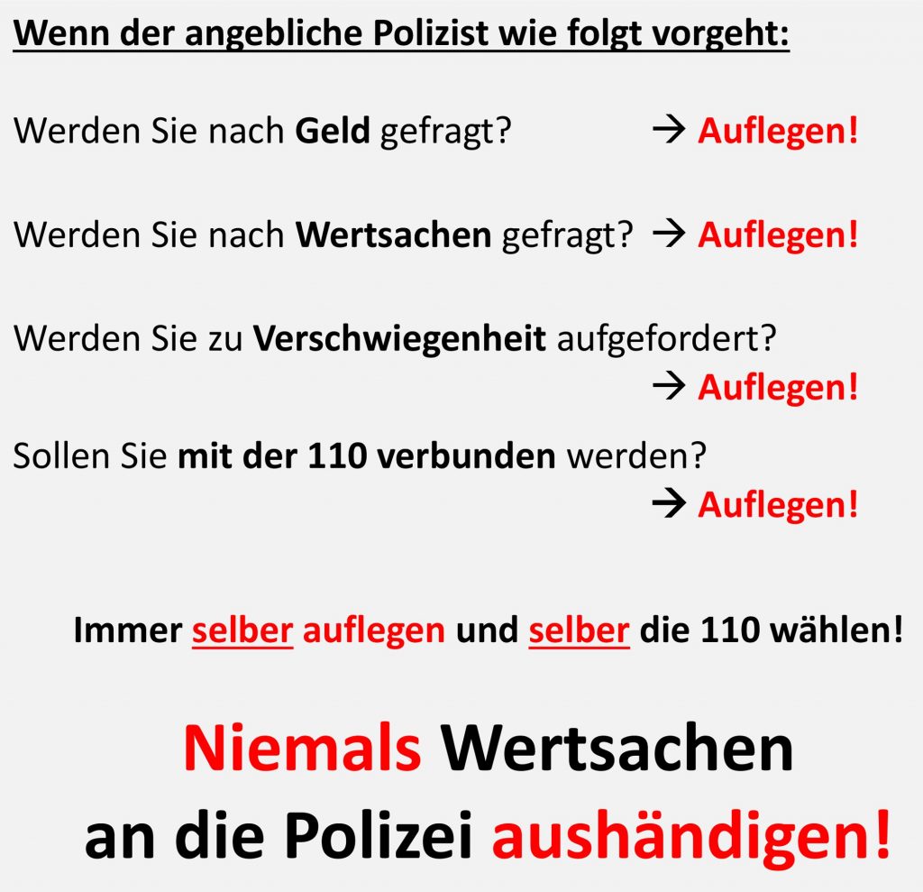 Verhaltenstipps der Polizei bei Anrufen angeblicher Polizeibeamter (Idee: Polizei NRW Mettmann)