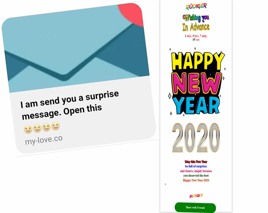 Screenshot: http://my-love.co/2020 sowie "I am send you a surprise message. Open this"