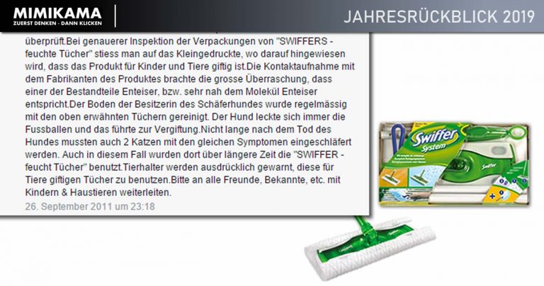 Jahresrückblick 2019: Hoax: Die Swiffer-Falschmeldung „Feuchte Swiffer-Tücher: Gefährlich für Hunde und Katzen !!!“