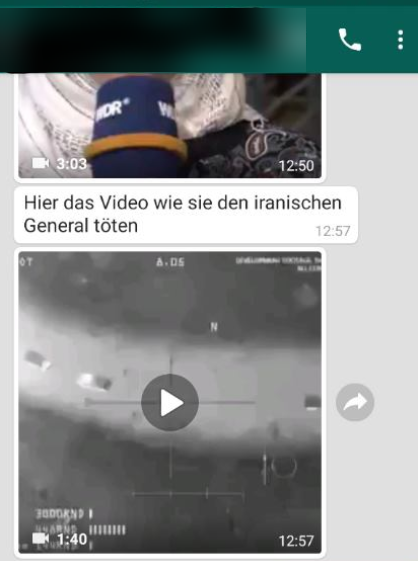 Screenshot einer WhatsApp-Nachricht mit dem angeblichen Video einer Drohne zu Soleimani