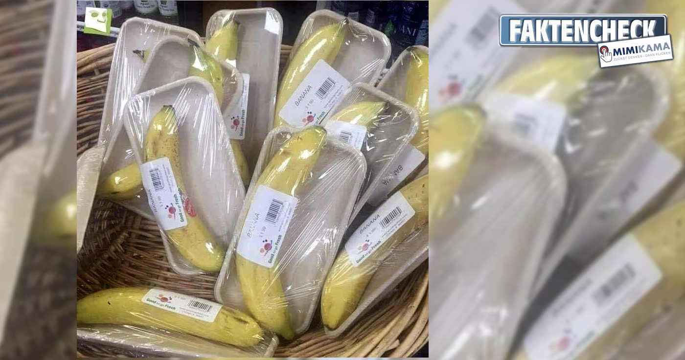 Kein Fake - Einzeln in Plastik verpackte Bananen