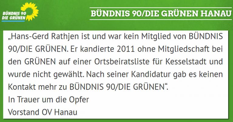 Hanau: Vater von Tobias R. ist kein Mitglied der Grünen!